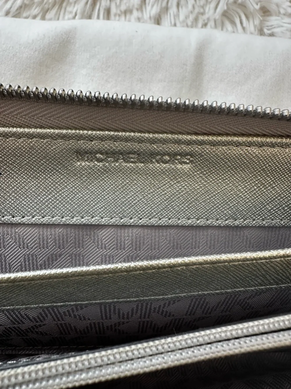 MICHAEL KORS Silver Metallic Saffiano Leather Zip Around Continental Wallet